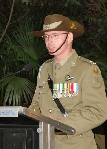 Major Bernard Hayes delivering Anzac address